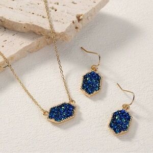 Blue Druzy Hexagon Gold tone Necklace, Earrings Jewelry Set